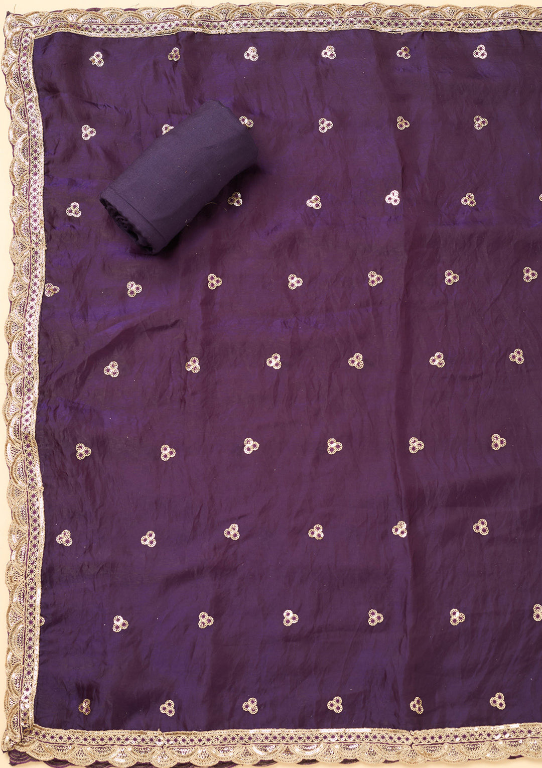 Purple Semi Crepe Gold Zariwork Unstitched Dress Material With Matching Bottom And Dupatta