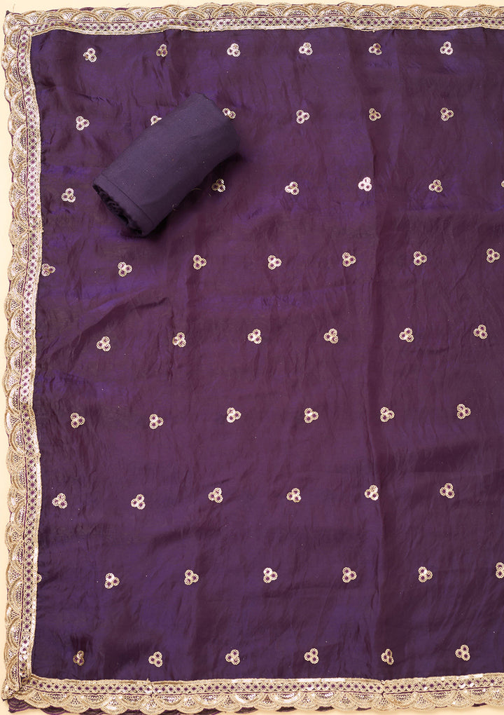 Purple Semi Crepe Gold Zariwork Unstitched Dress Material With Matching Bottom And Dupatta