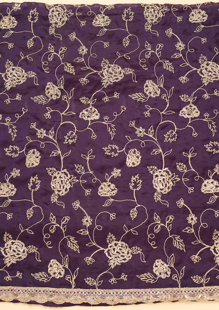 Purple Semi Crepe Gold Zariwork Unstitched Dress Material With Matching Bottom And Dupatta