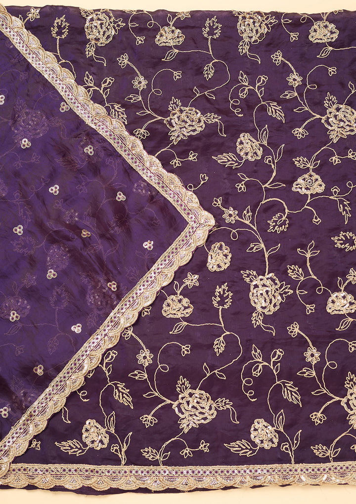Purple Semi Crepe Gold Zariwork Unstitched Dress Material With Matching Bottom And Dupatta
