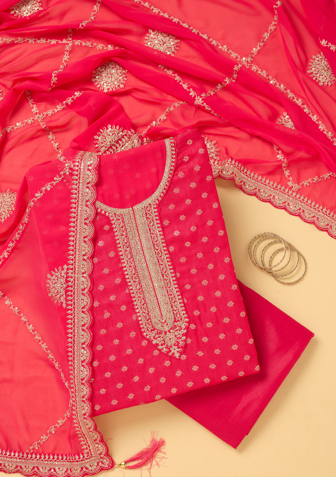 Pink Chanderi Gold Zariwork Unstitched Dress Material With Matching Bottom And Dupatta