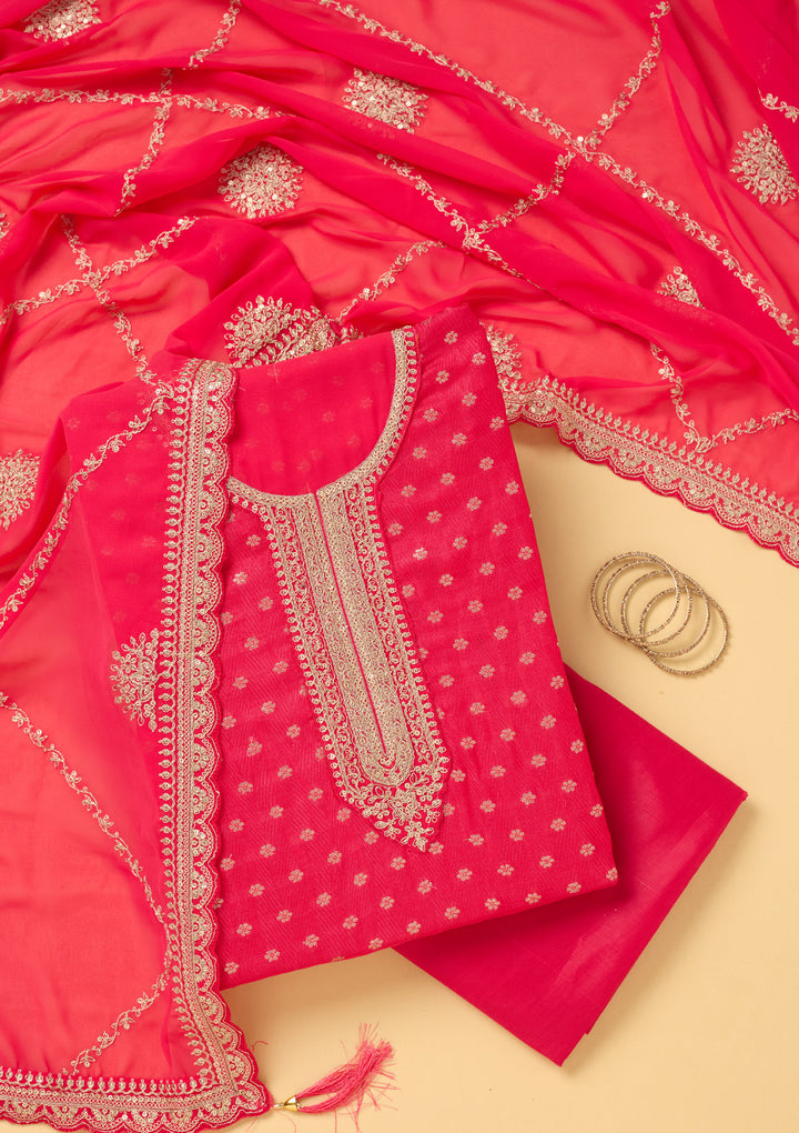 Pink Chanderi Gold Zariwork Unstitched Dress Material With Matching Bottom And Dupatta