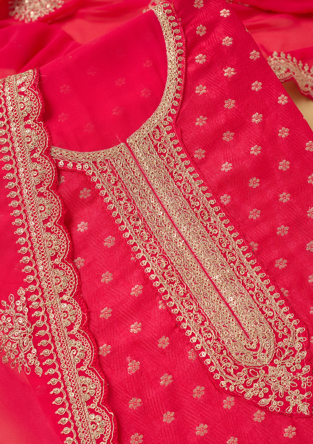 Pink Chanderi Gold Zariwork Unstitched Dress Material With Matching Bottom And Dupatta