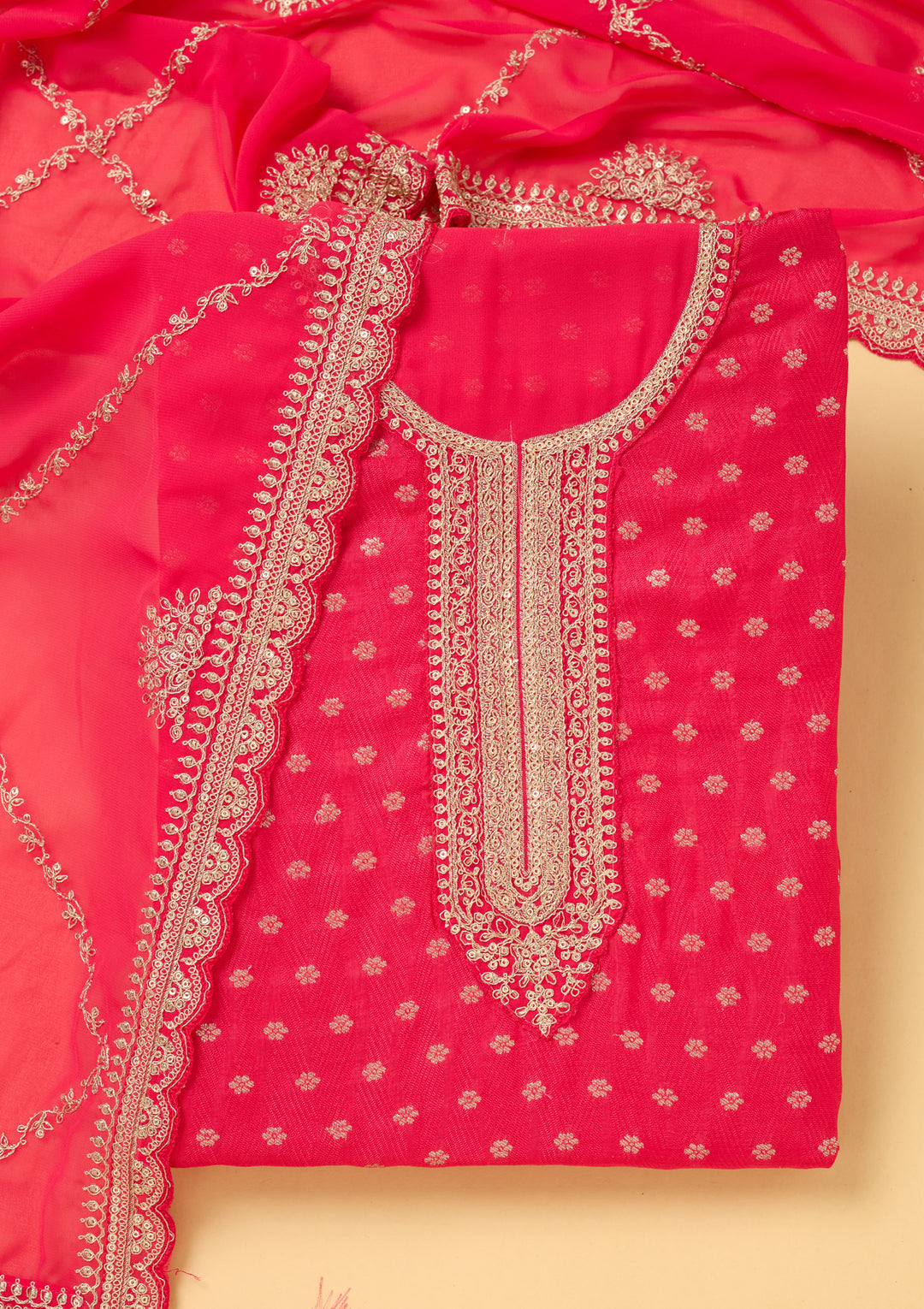 Pink Chanderi Gold Zariwork Unstitched Dress Material With Matching Bottom And Dupatta