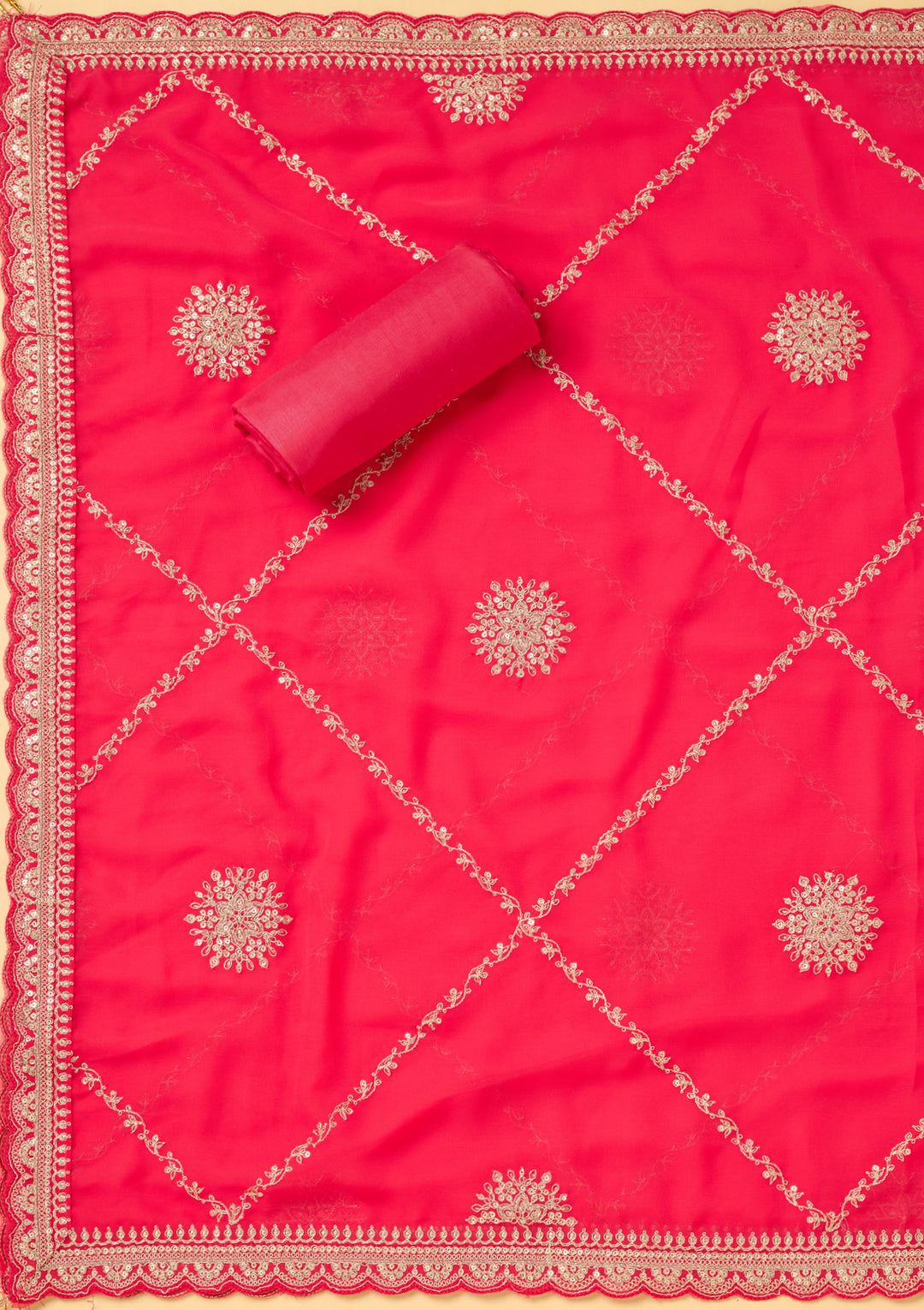 Pink Chanderi Gold Zariwork Unstitched Dress Material With Matching Bottom And Dupatta