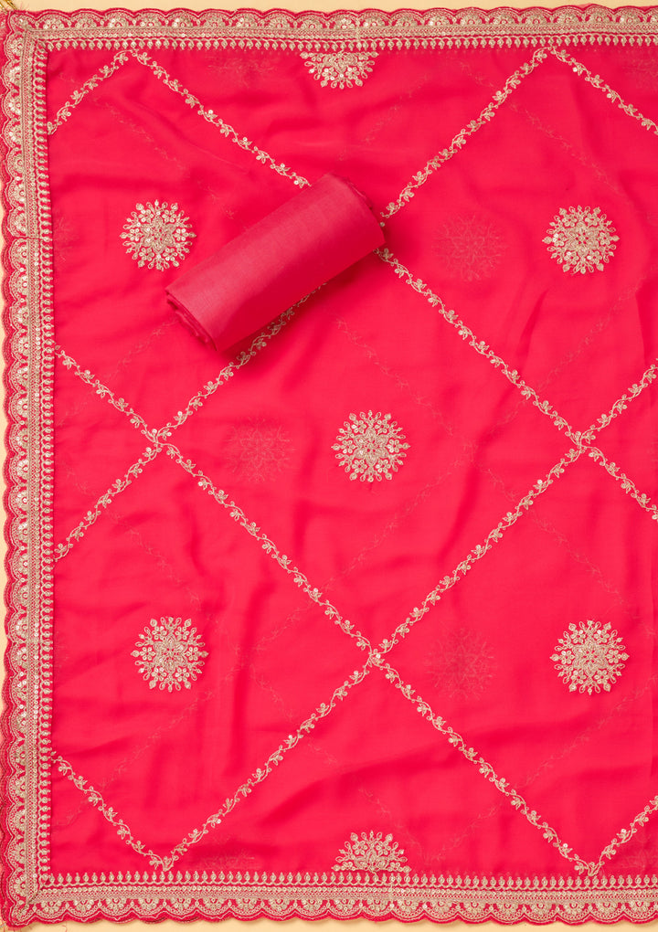 Pink Chanderi Gold Zariwork Unstitched Dress Material With Matching Bottom And Dupatta