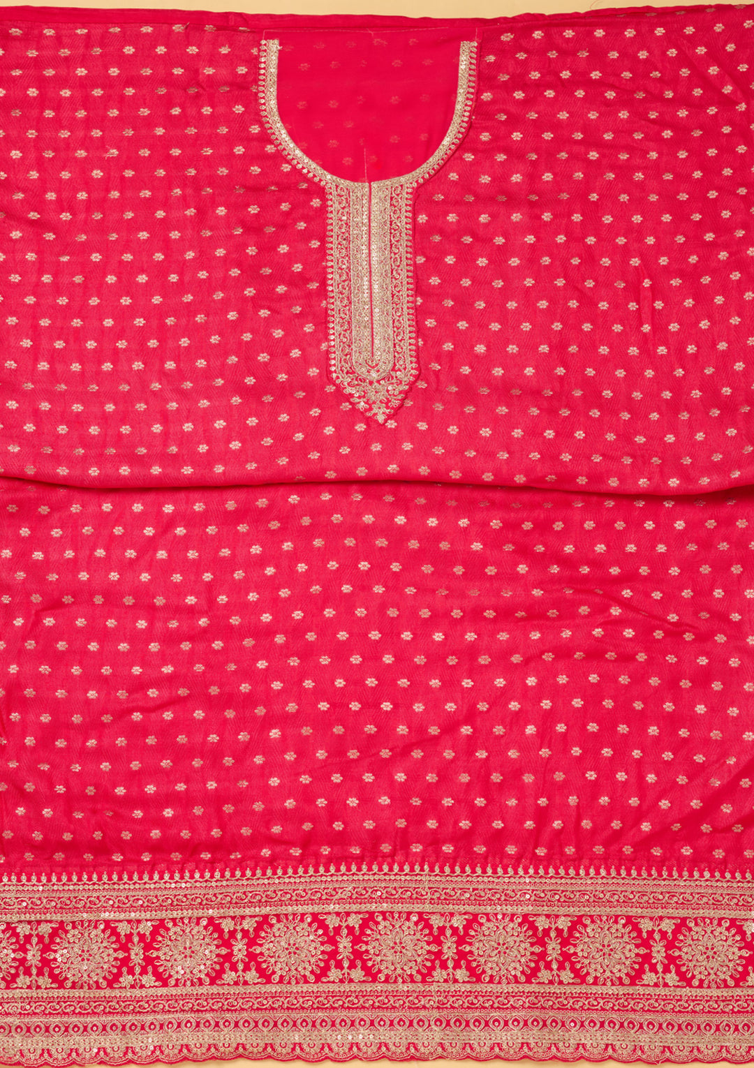 Pink Chanderi Gold Zariwork Unstitched Dress Material With Matching Bottom And Dupatta