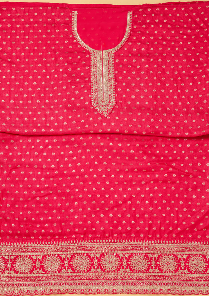 Pink Chanderi Gold Zariwork Unstitched Dress Material With Matching Bottom And Dupatta