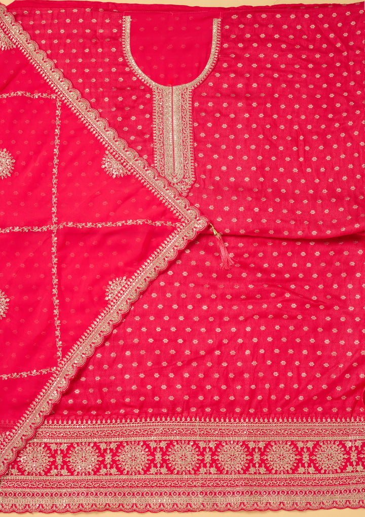 Pink Chanderi Gold Zariwork Unstitched Dress Material With Matching Bottom And Dupatta
