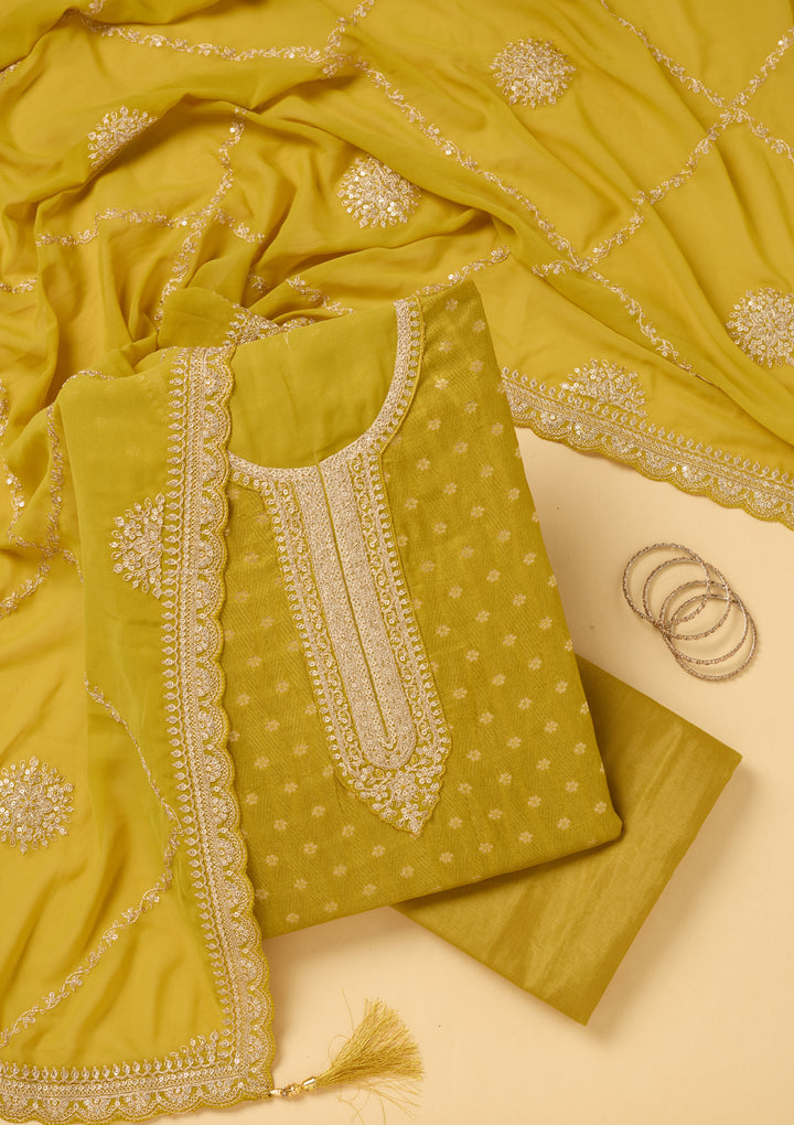 Mustard Chanderi Gold Zariwork Unstitched Dress Material With Matching Bottom And Dupatta