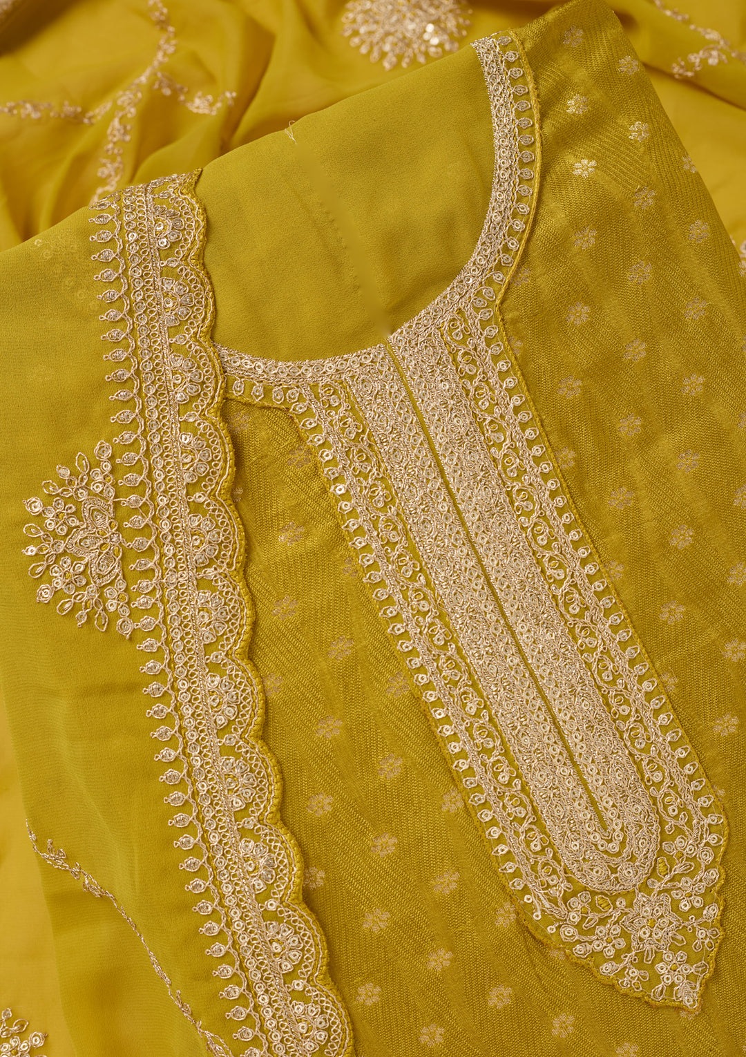 Mustard Chanderi Gold Zariwork Unstitched Dress Material With Matching Bottom And Dupatta