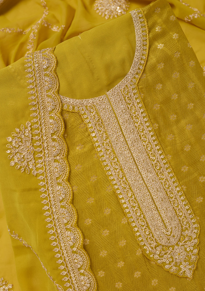 Mustard Chanderi Gold Zariwork Unstitched Dress Material With Matching Bottom And Dupatta