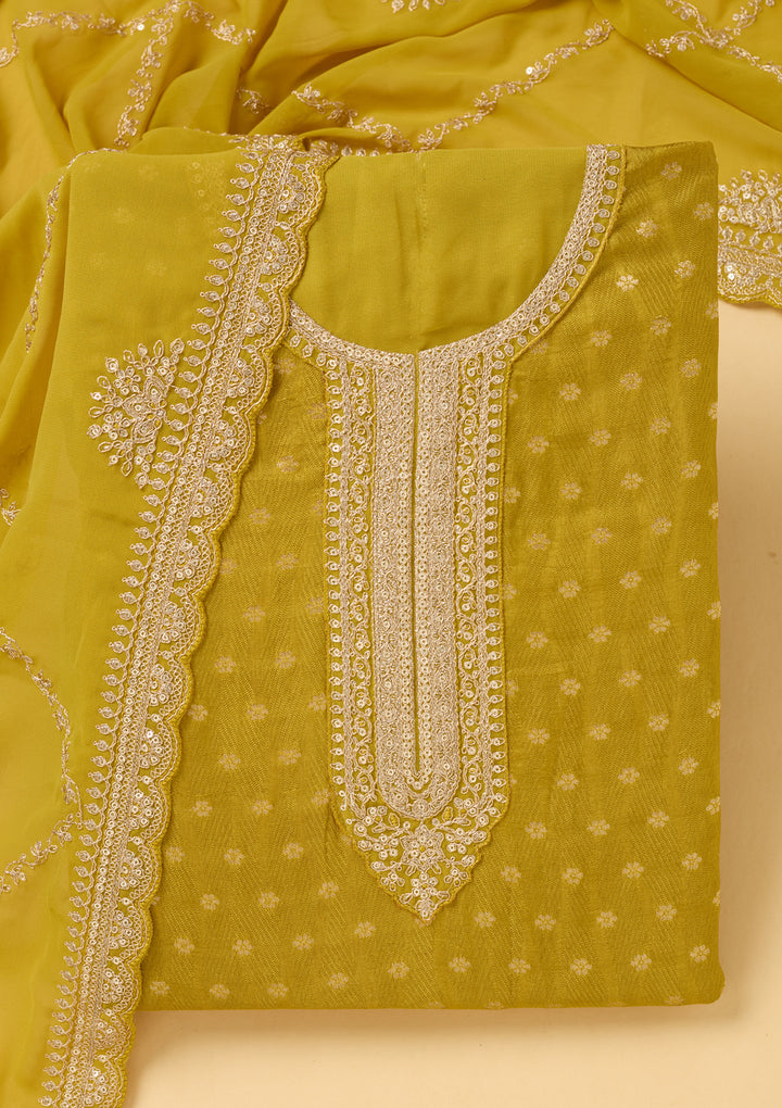 Mustard Chanderi Gold Zariwork Unstitched Dress Material With Matching Bottom And Dupatta