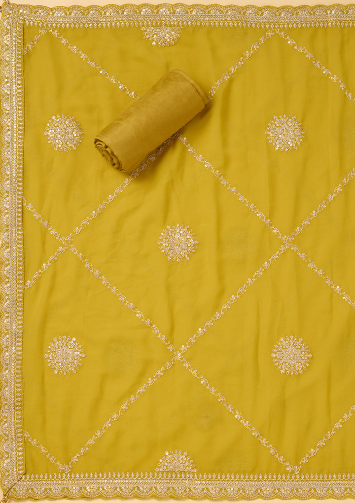 Mustard Chanderi Gold Zariwork Unstitched Dress Material With Matching Bottom And Dupatta