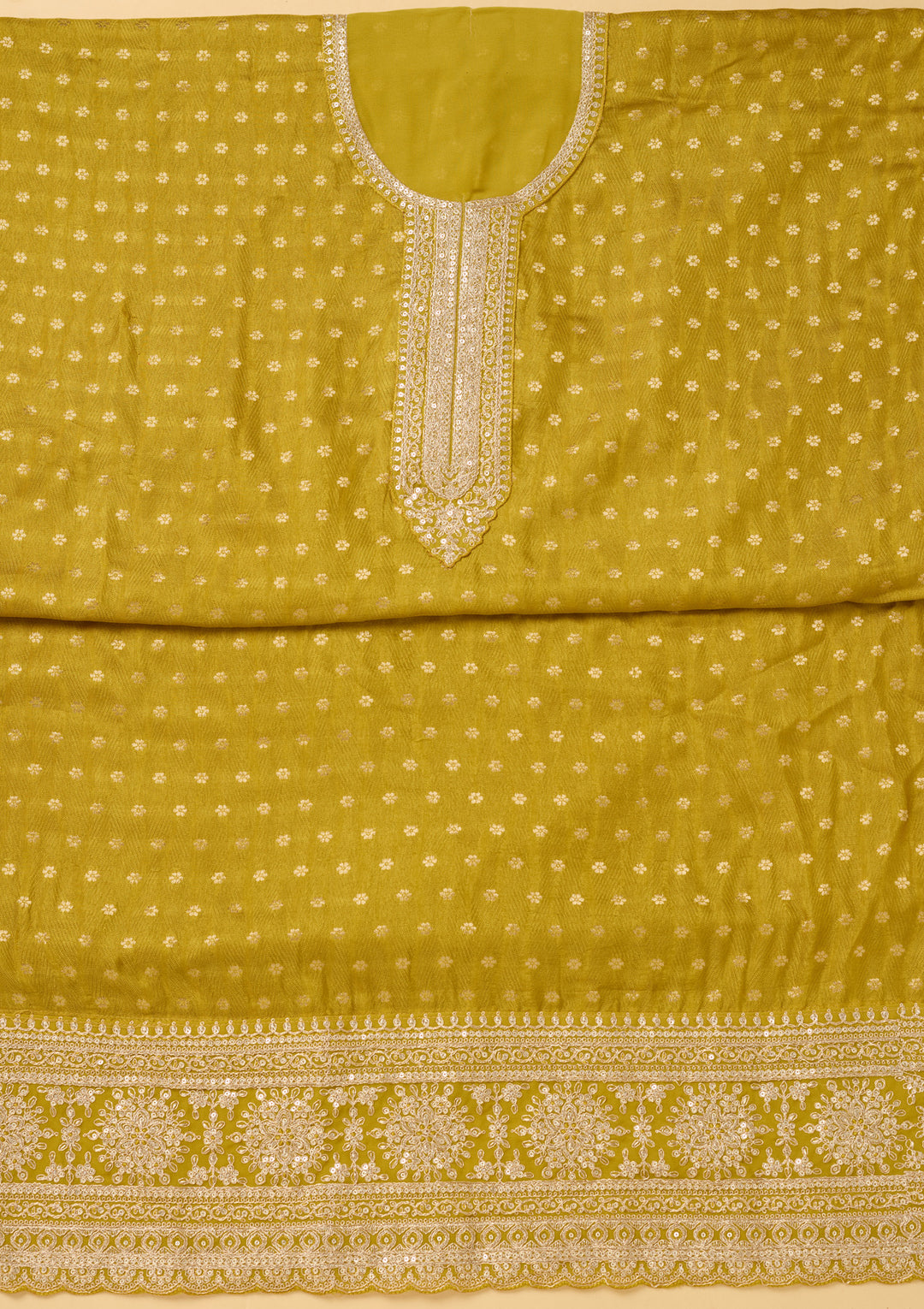 Mustard Chanderi Gold Zariwork Unstitched Dress Material With Matching Bottom And Dupatta