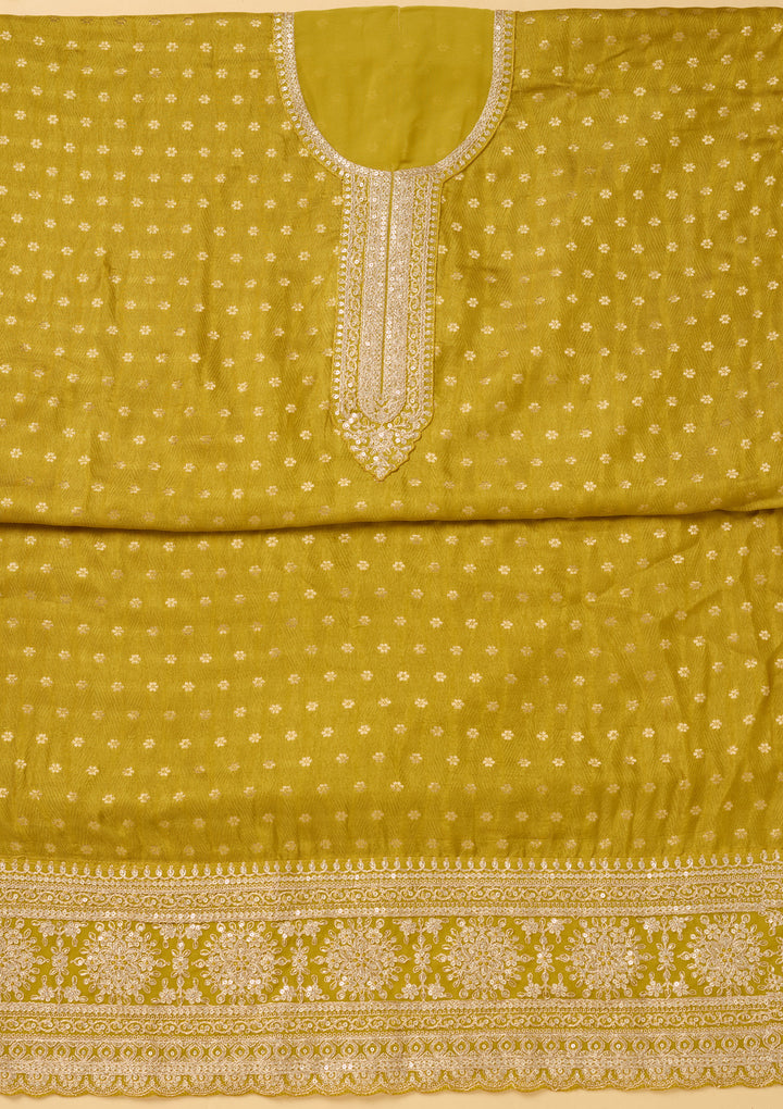 Mustard Chanderi Gold Zariwork Unstitched Dress Material With Matching Bottom And Dupatta
