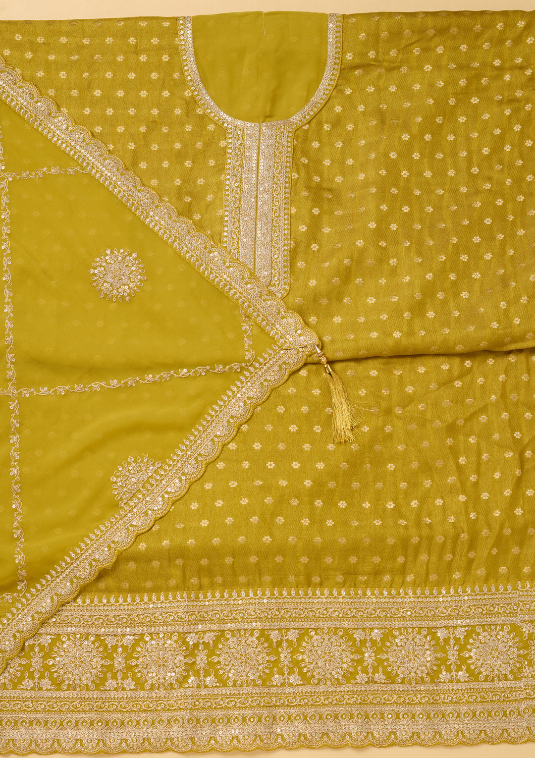 Mustard Chanderi Gold Zariwork Unstitched Dress Material With Matching Bottom And Dupatta