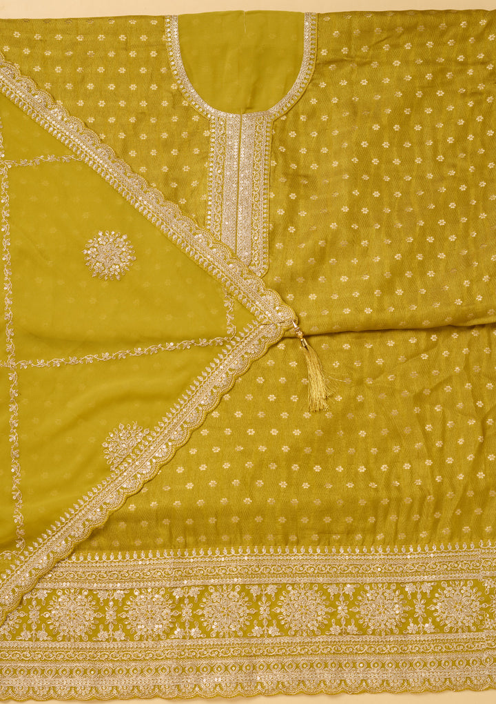 Mustard Chanderi Gold Zariwork Unstitched Dress Material With Matching Bottom And Dupatta