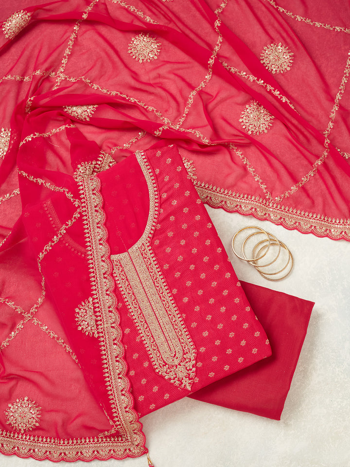Rani Pink Zariwork (Gold) Chanderi Unstitched Salwar Suit