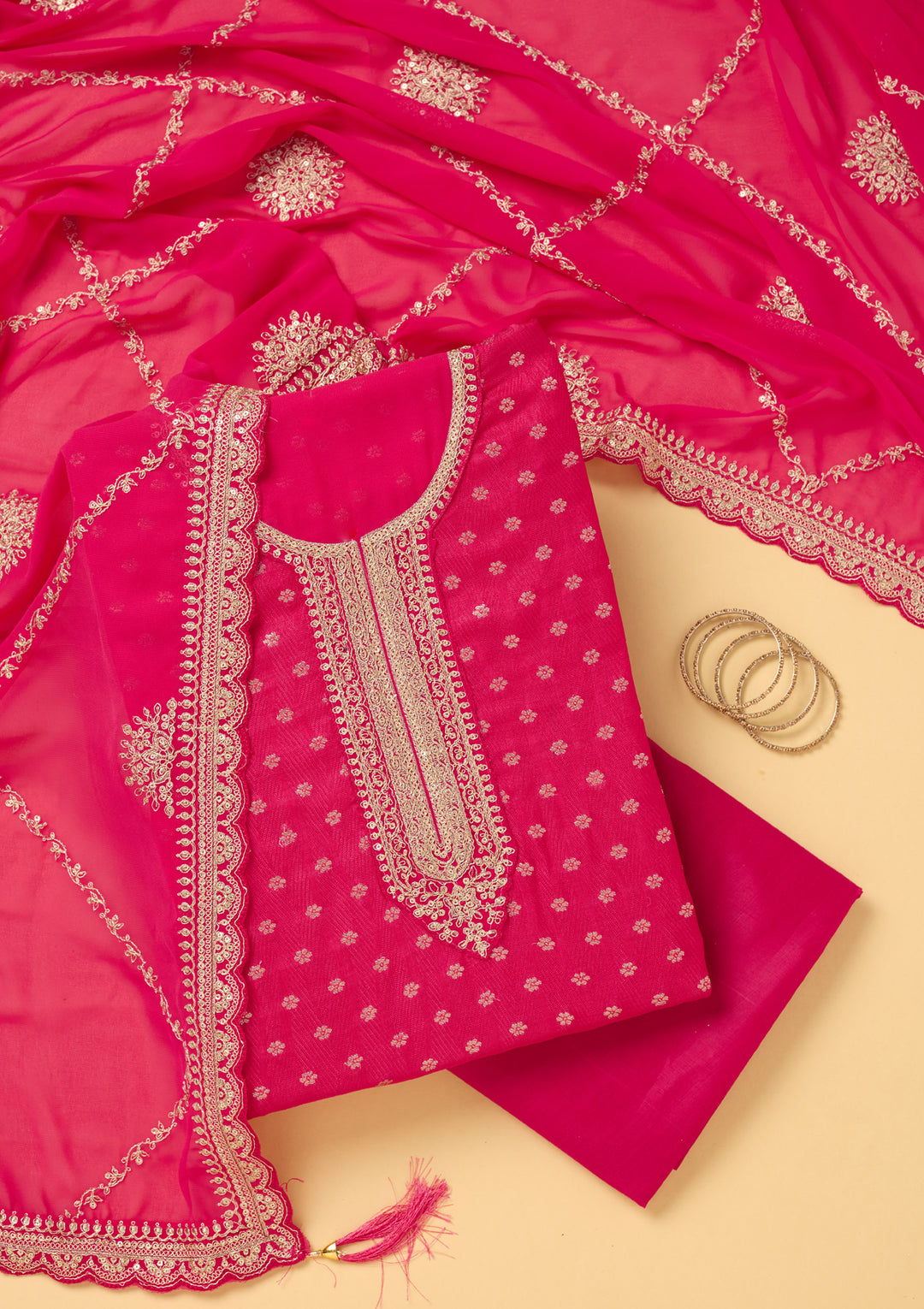 Magenta Pink Chanderi Gold Zariwork Unstitched Dress Material With Matching Bottom And Dupatta