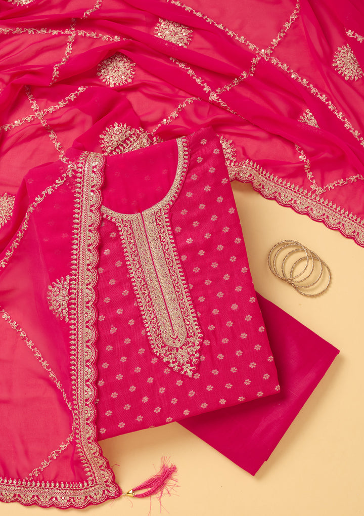 Magenta Pink Chanderi Gold Zariwork Unstitched Dress Material With Matching Bottom And Dupatta