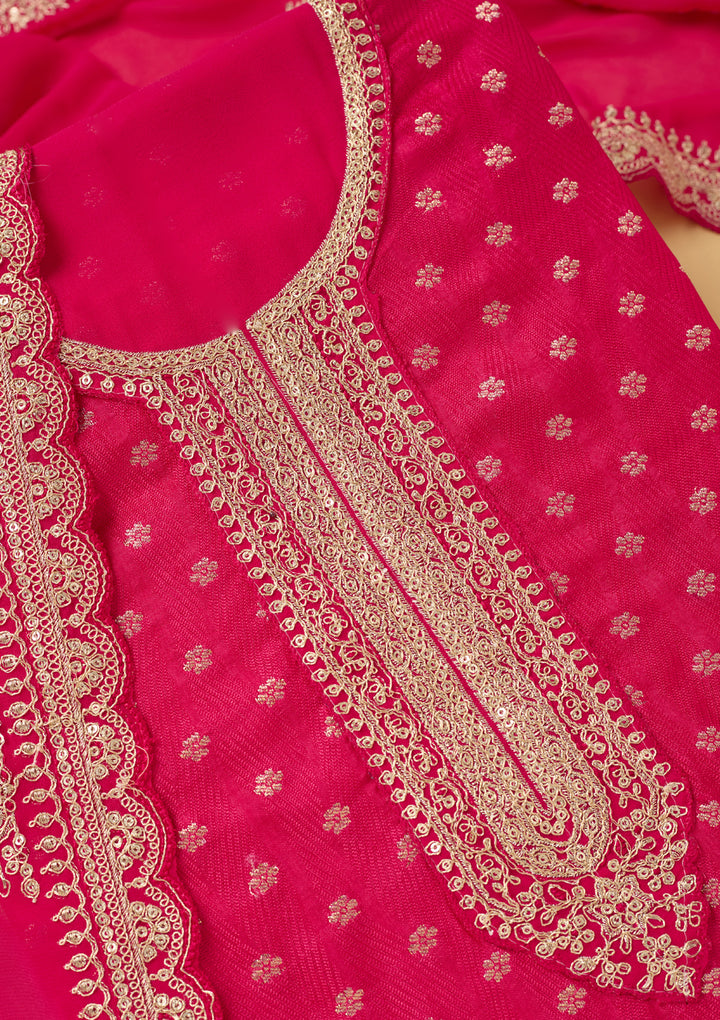 Magenta Pink Chanderi Gold Zariwork Unstitched Dress Material With Matching Bottom And Dupatta