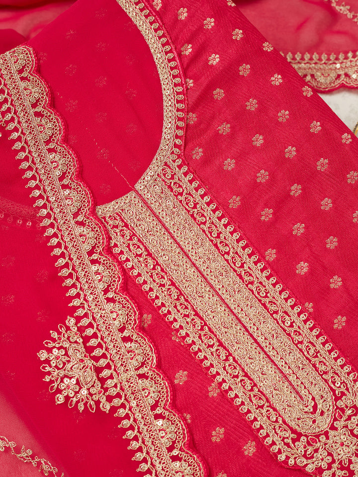 Rani Pink Zariwork (Gold) Chanderi Unstitched Salwar Suit