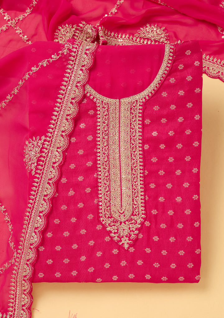 Magenta Pink Chanderi Gold Zariwork Unstitched Dress Material With Matching Bottom And Dupatta