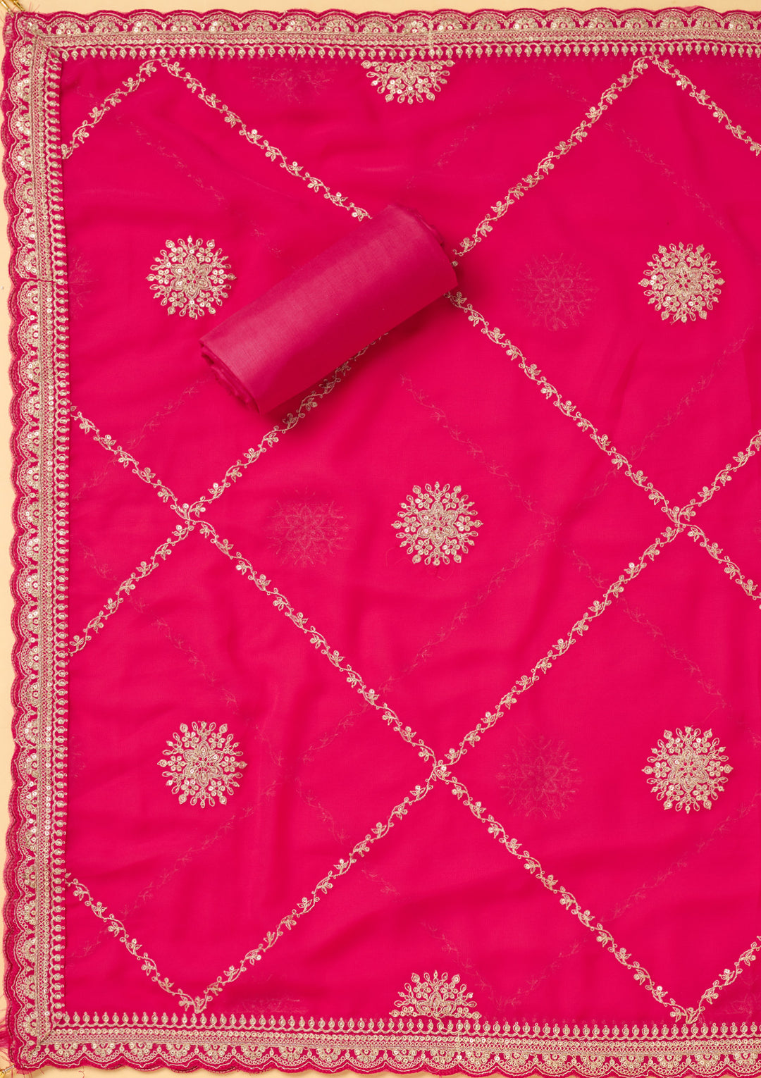 Magenta Pink Chanderi Gold Zariwork Unstitched Dress Material With Matching Bottom And Dupatta