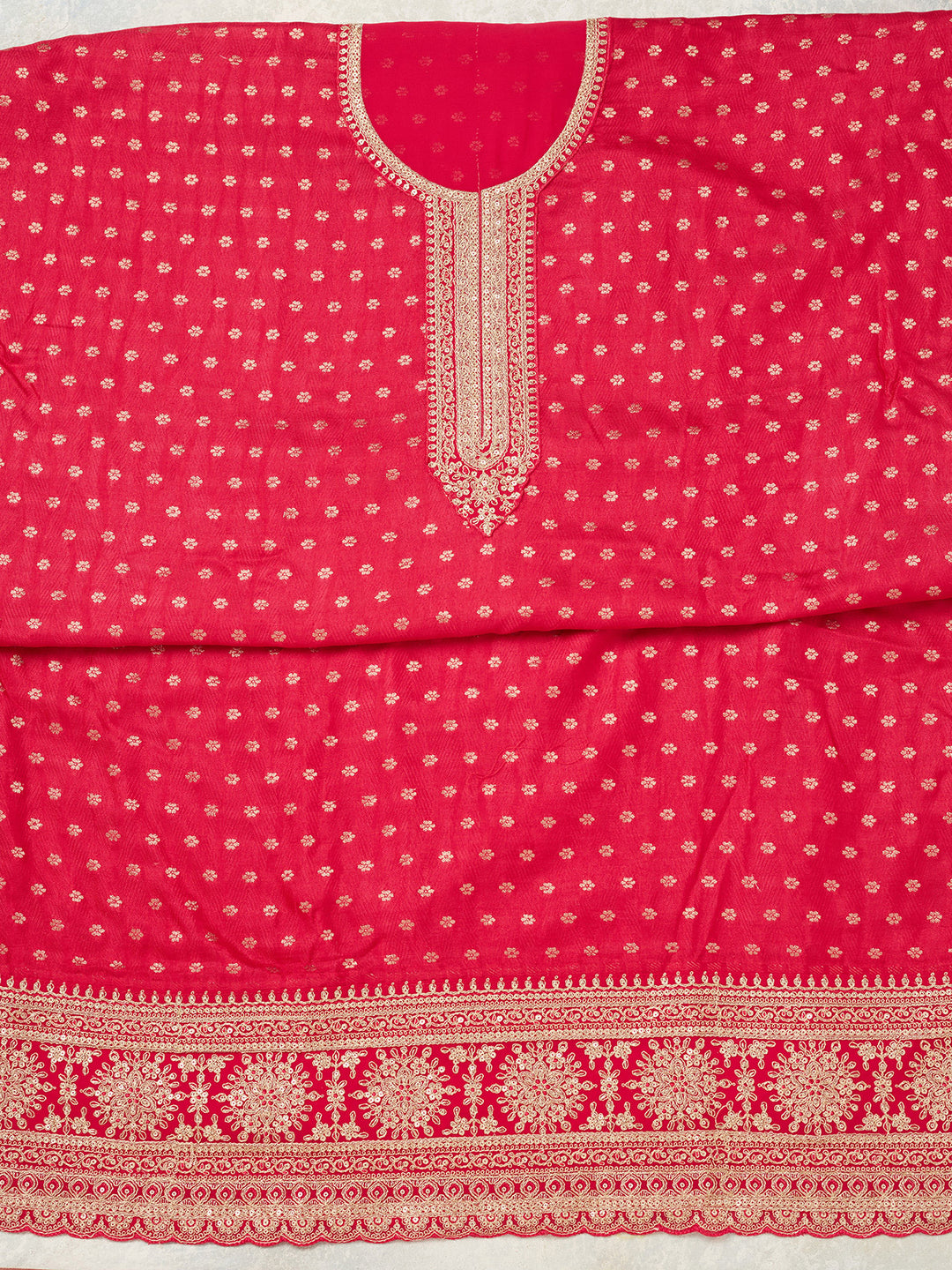 Rani Pink Zariwork (Gold) Chanderi Unstitched Salwar Suit