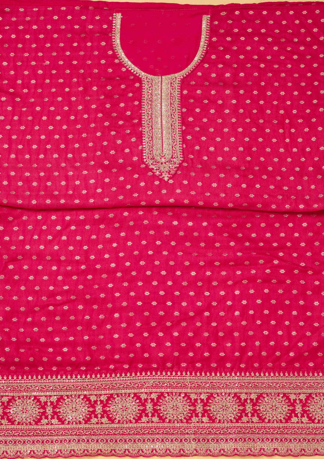 Magenta Pink Chanderi Gold Zariwork Unstitched Dress Material With Matching Bottom And Dupatta
