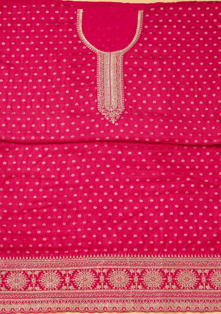 Magenta Pink Chanderi Gold Zariwork Unstitched Dress Material With Matching Bottom And Dupatta