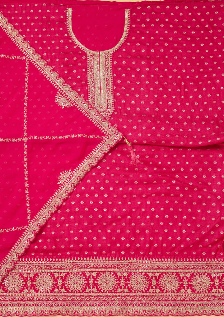 Magenta Pink Chanderi Gold Zariwork Unstitched Dress Material With Matching Bottom And Dupatta