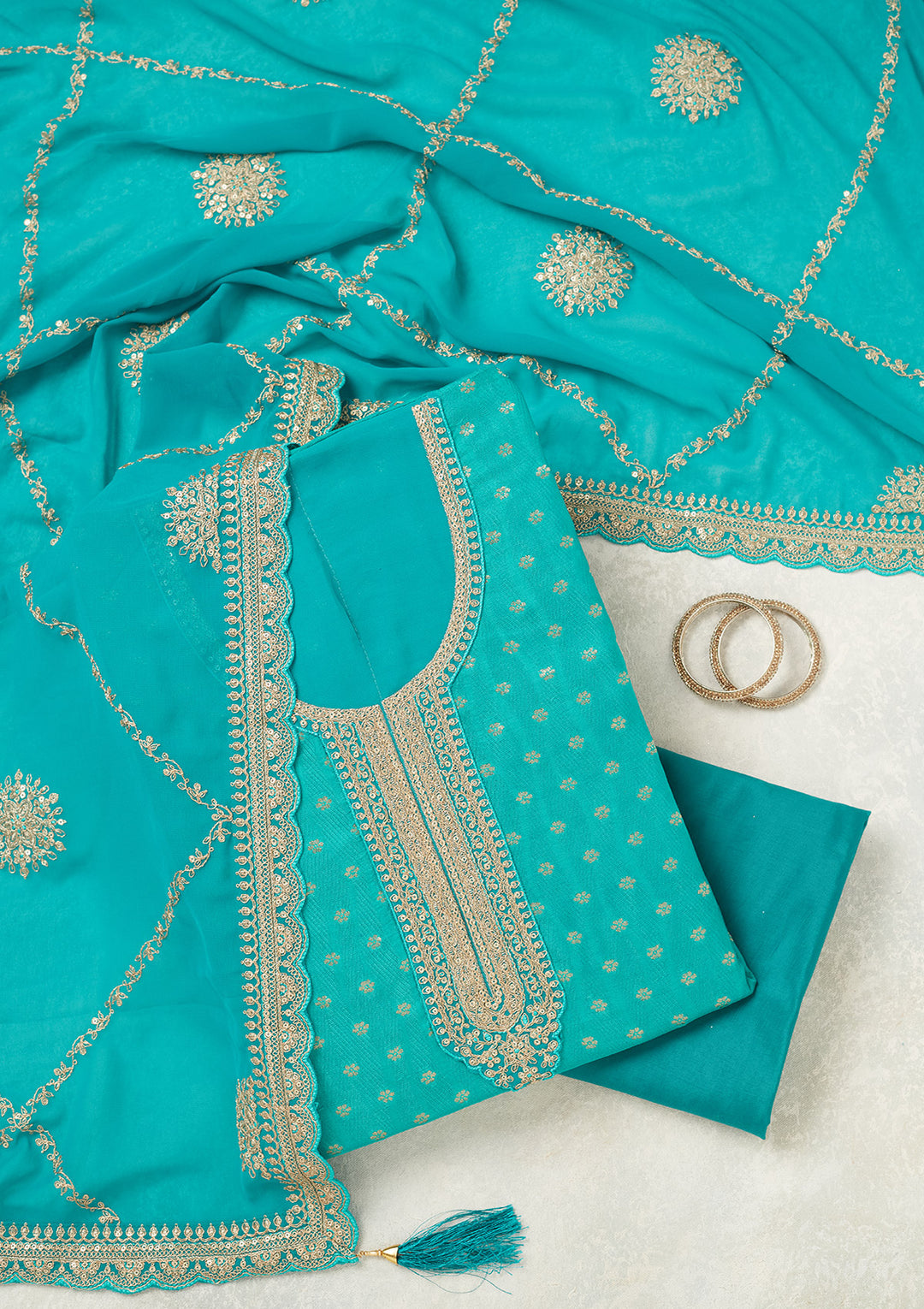 Turquoise Blue Chanderi Gold Zariwork Unstitched Dress Material With Matching Bottom And Dupatta