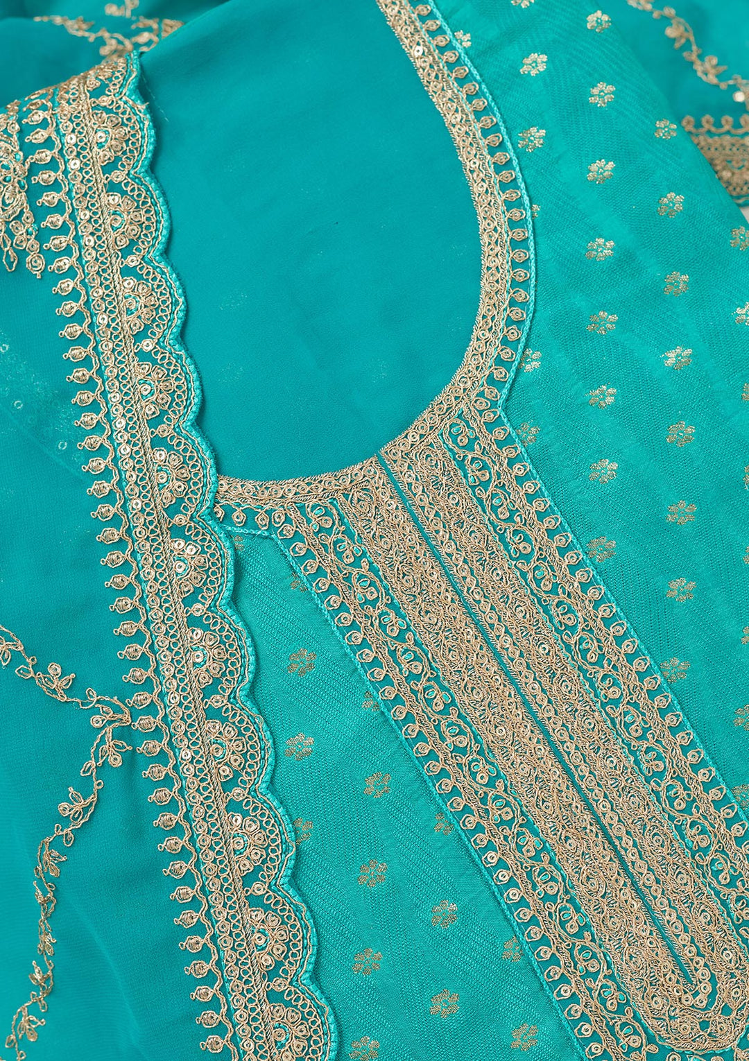 Turquoise Blue Chanderi Gold Zariwork Unstitched Dress Material With Matching Bottom And Dupatta