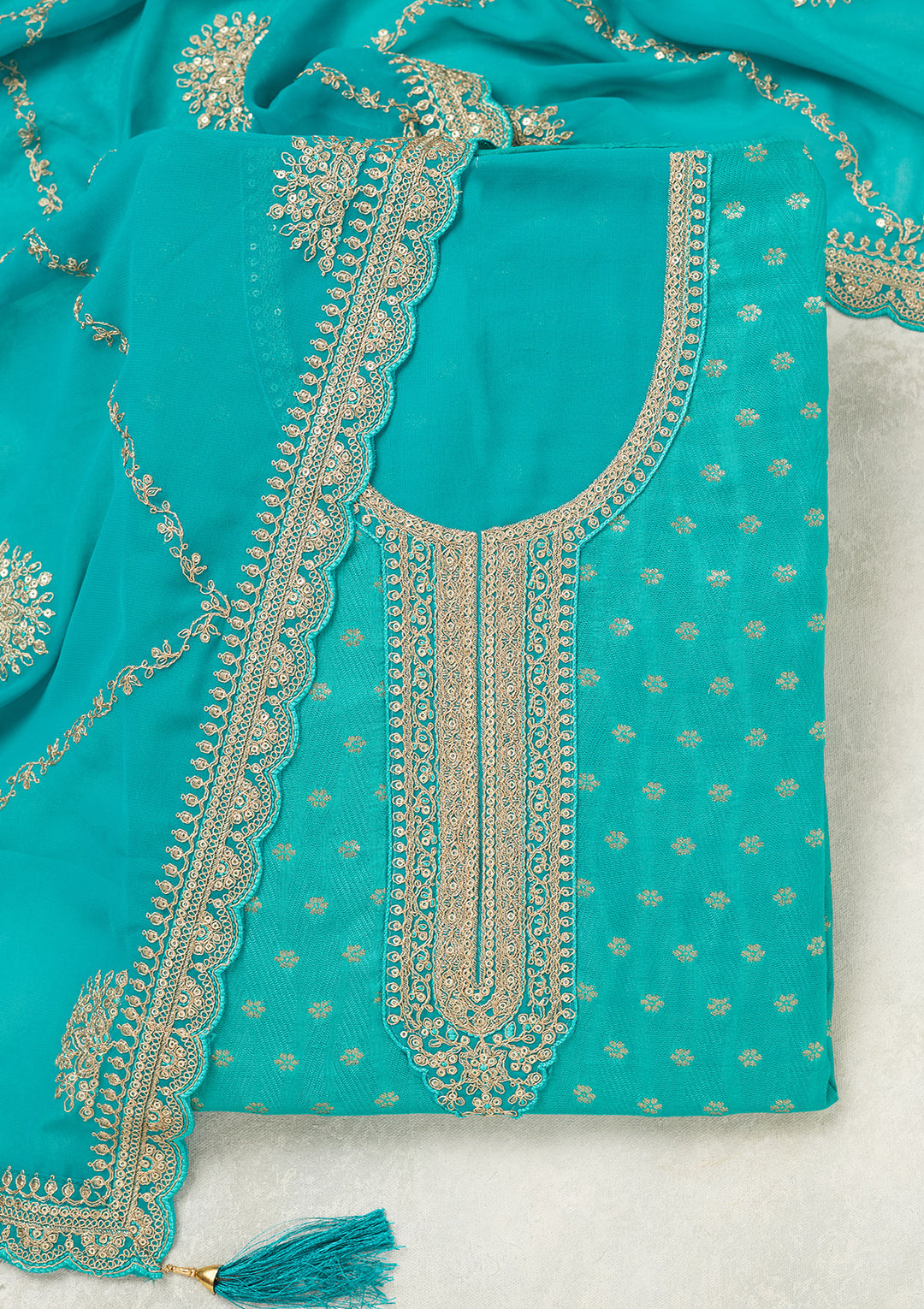 Turquoise Blue Chanderi Gold Zariwork Unstitched Dress Material With Matching Bottom And Dupatta