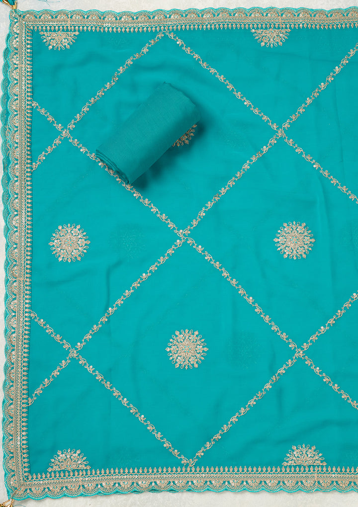Turquoise Blue Chanderi Gold Zariwork Unstitched Dress Material With Matching Bottom And Dupatta