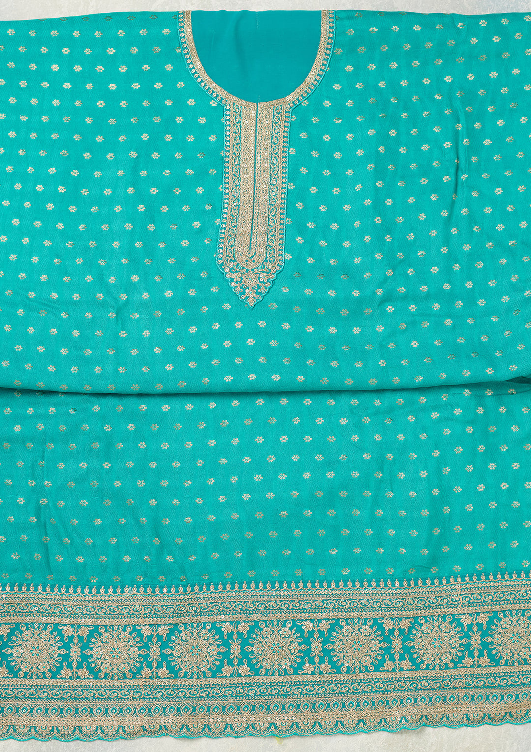 Turquoise Blue Chanderi Gold Zariwork Unstitched Dress Material With Matching Bottom And Dupatta