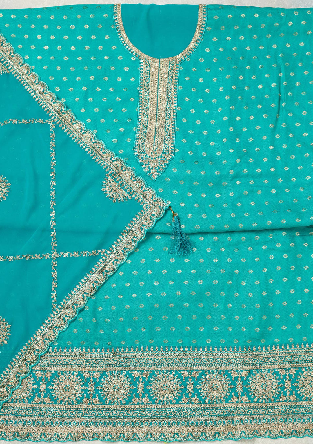 Turquoise Blue Chanderi Gold Zariwork Unstitched Dress Material With Matching Bottom And Dupatta
