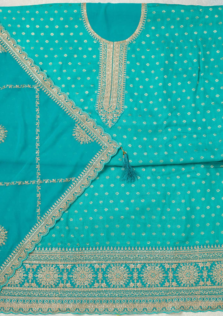 Turquoise Blue Chanderi Gold Zariwork Unstitched Dress Material With Matching Bottom And Dupatta