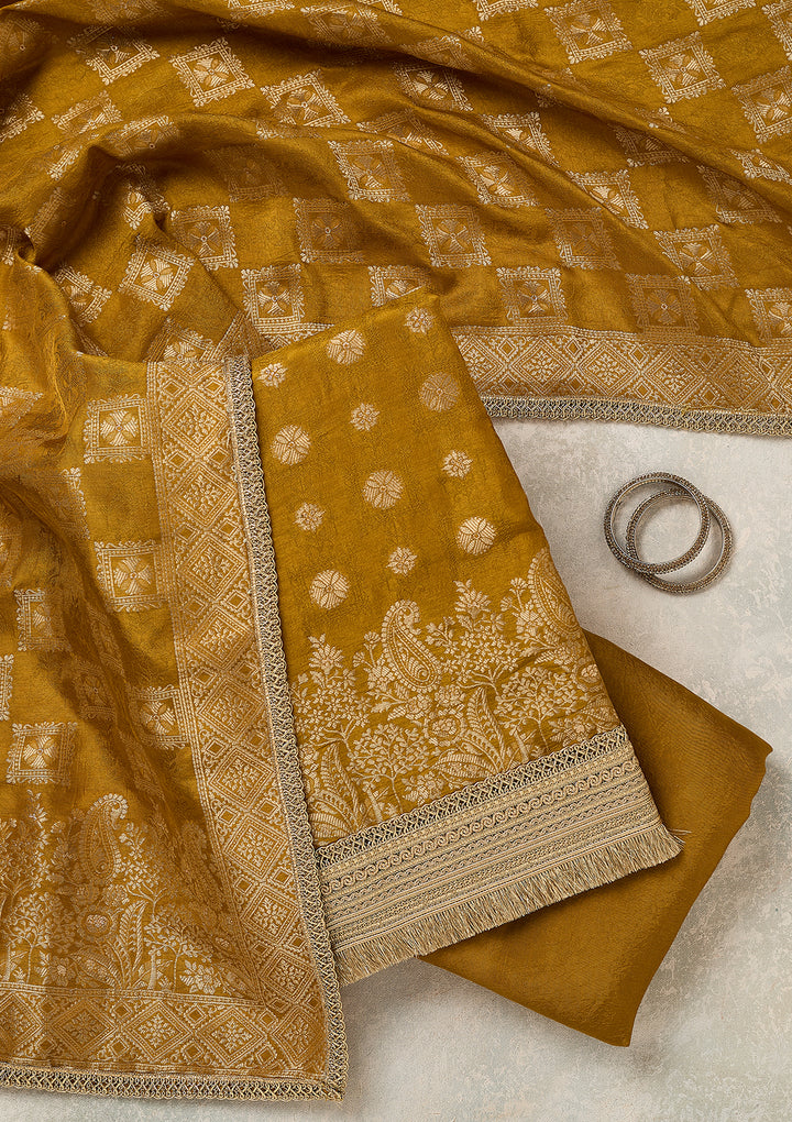 Mustard Dola Silk Gold Zariwork Unstitched Dress Material With Matching Bottom And Dupatta