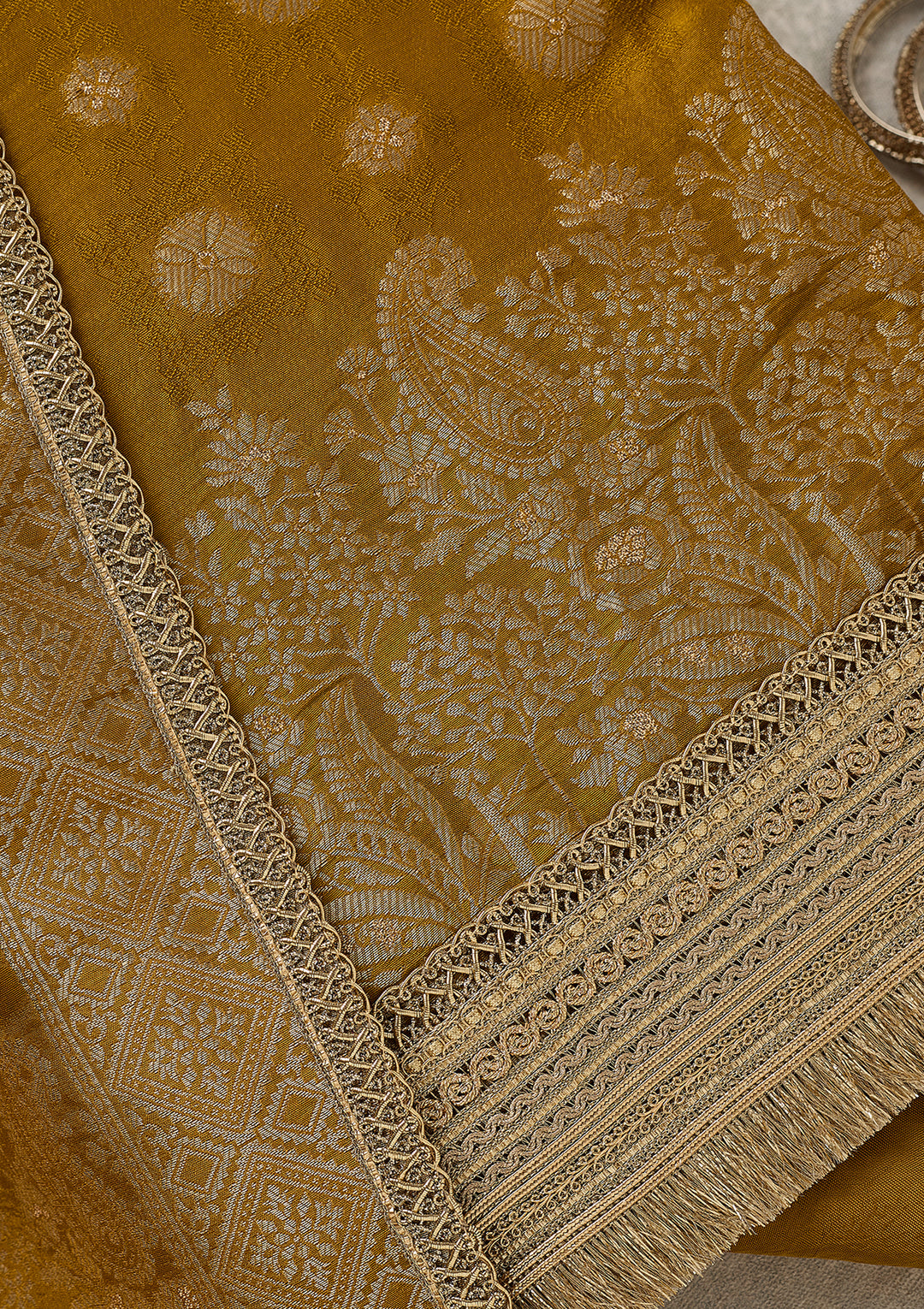 Mustard Dola Silk Gold Zariwork Unstitched Dress Material With Matching Bottom And Dupatta