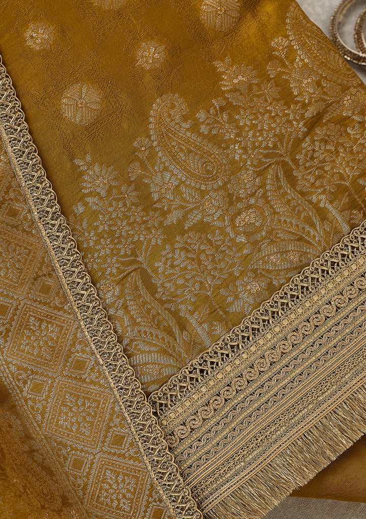 Mustard Dola Silk Gold Zariwork Unstitched Dress Material With Matching Bottom And Dupatta