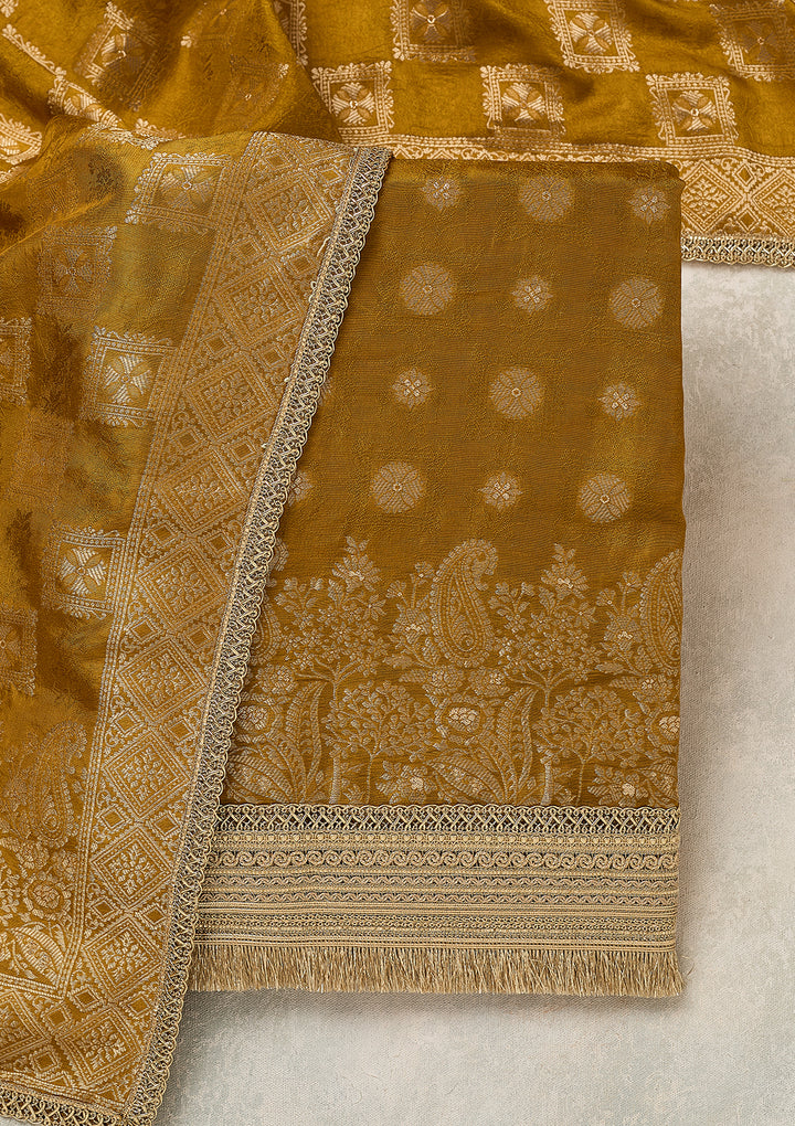 Mustard Dola Silk Gold Zariwork Unstitched Dress Material With Matching Bottom And Dupatta