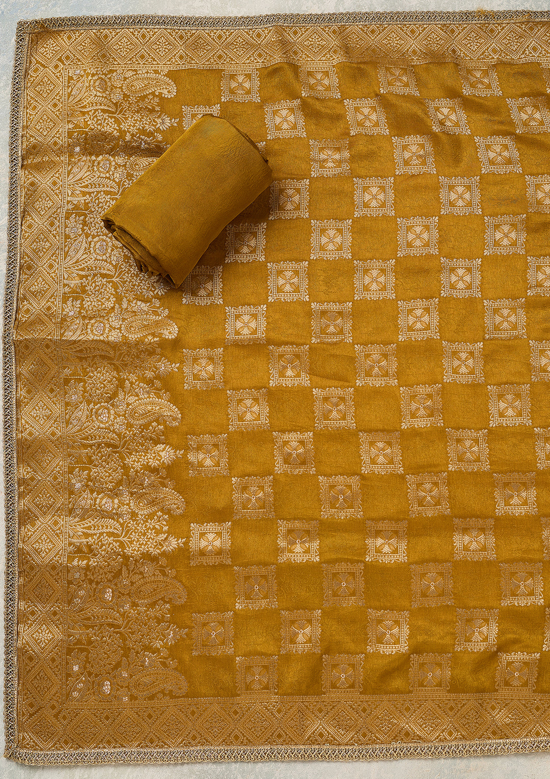 Mustard Dola Silk Gold Zariwork Unstitched Dress Material With Matching Bottom And Dupatta