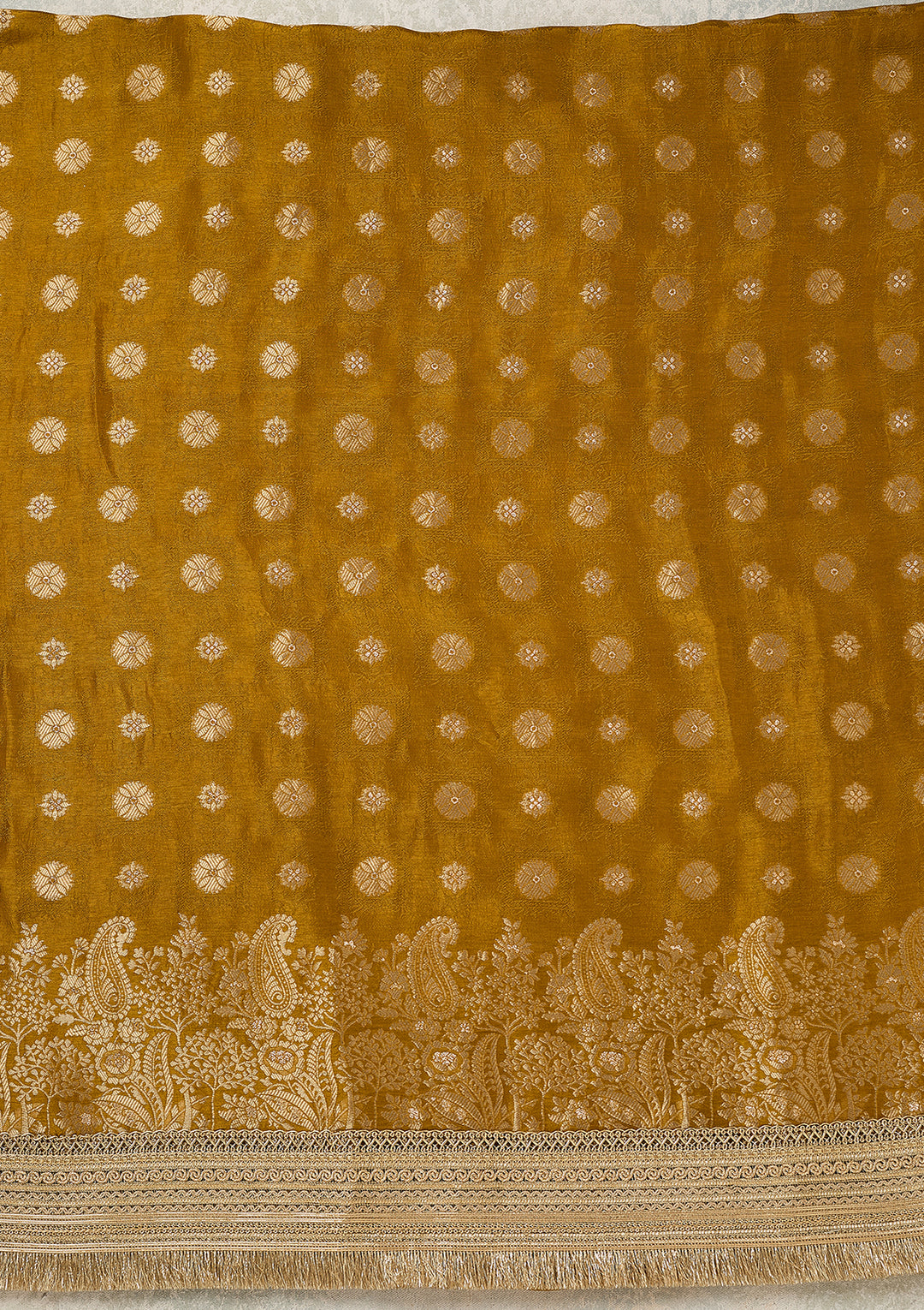 Mustard Dola Silk Gold Zariwork Unstitched Dress Material With Matching Bottom And Dupatta