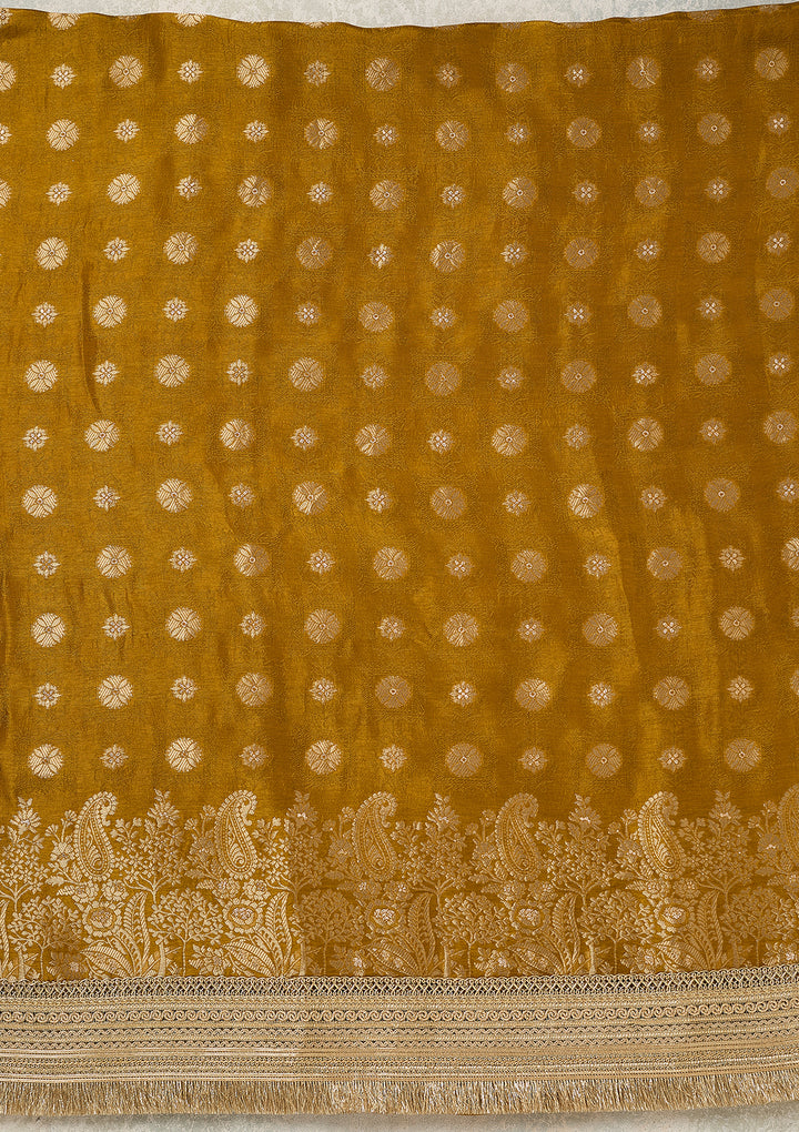Mustard Dola Silk Gold Zariwork Unstitched Dress Material With Matching Bottom And Dupatta