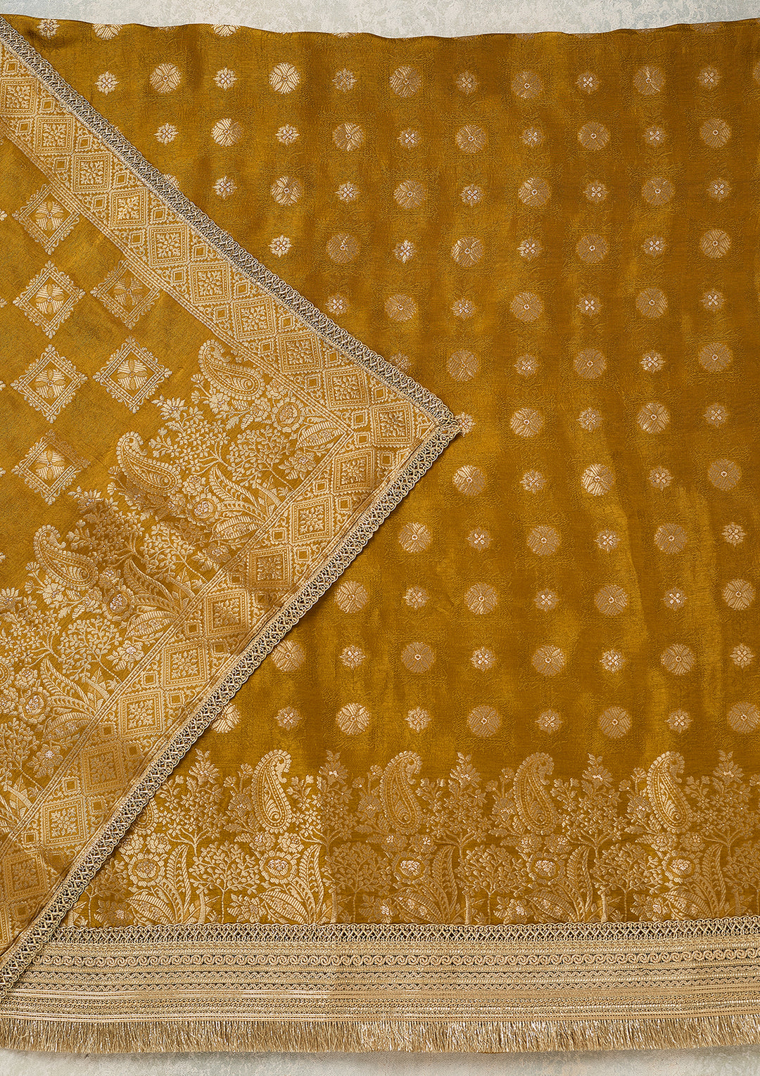 Mustard Dola Silk Gold Zariwork Unstitched Dress Material With Matching Bottom And Dupatta