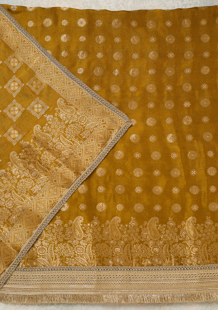 Mustard Dola Silk Gold Zariwork Unstitched Dress Material With Matching Bottom And Dupatta