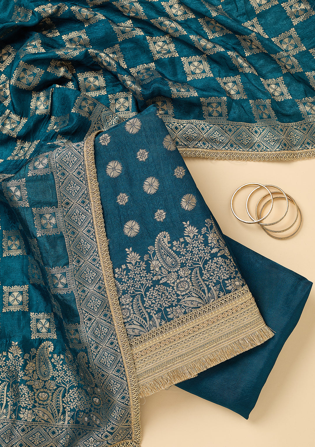 Peacock Blue Dola Silk Gold Zariwork Unstitched Dress Material With Matching Bottom And Dupatta